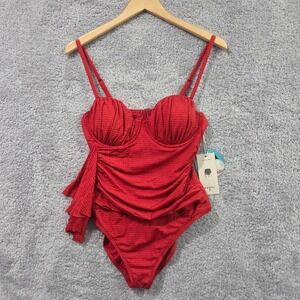 RHODE Women's Large Embossed Ruffle Medium Coverage‎ One Piece Swimsuit Red NWT